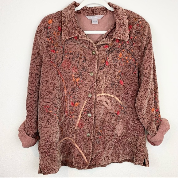 Vintage Corduroy Fall Embroidered Button Down Long Sleeve Collar Grandma Layer - Picture 1 of 6
